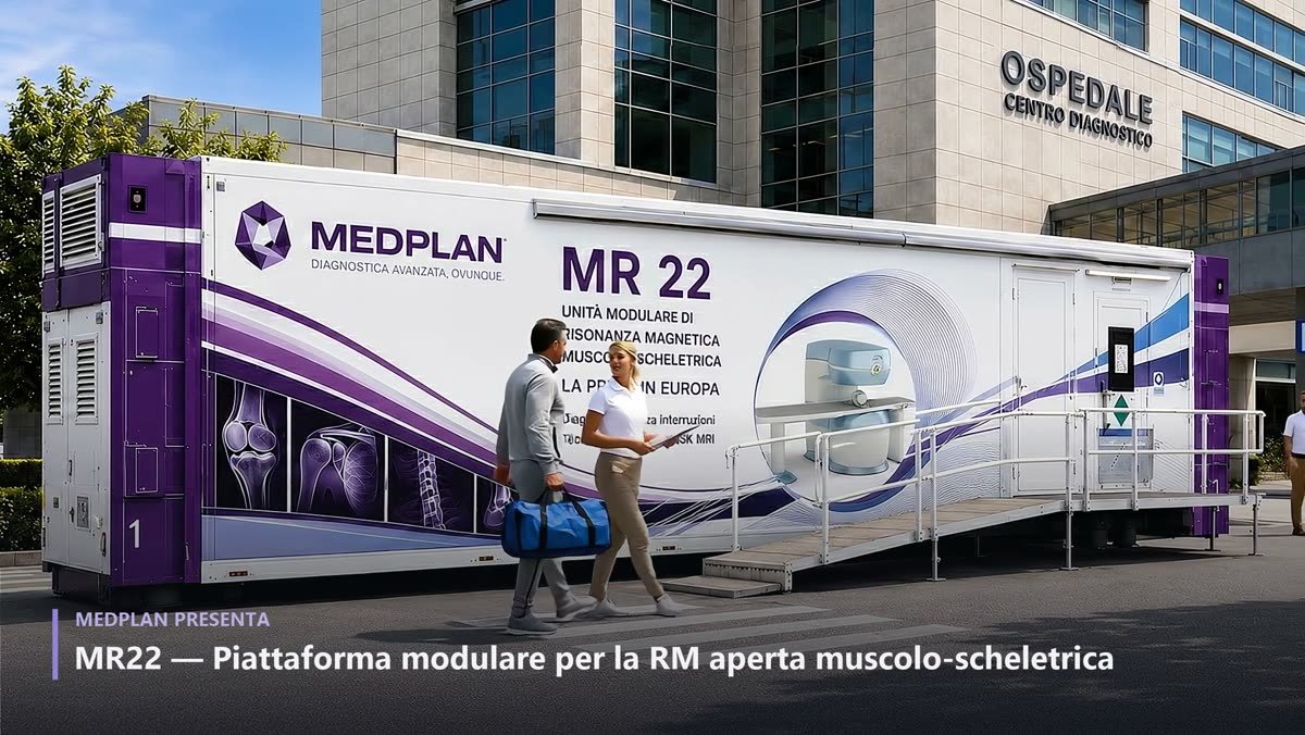 Unità mobile di risonanza magnetica MEDPLAN MR22 davanti a un ospedale